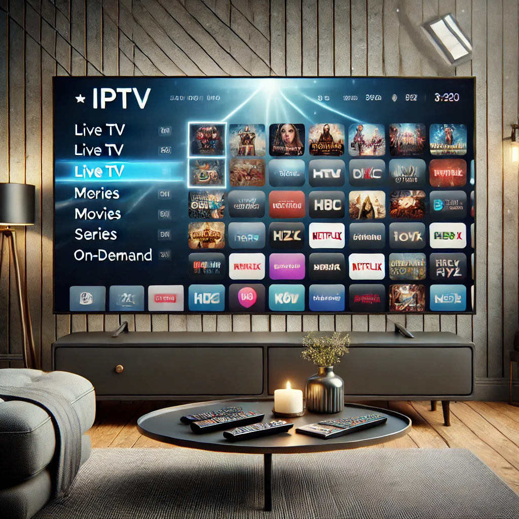 Realistic image of a modern smart TV displaying an IPTV menu interface in a well-lit living room, featuring options for live TV, movies, series, and on-demand content. The setup includes a sofa, coffee table, and modern decor, highlighting the premium and inviting IPTV experience.